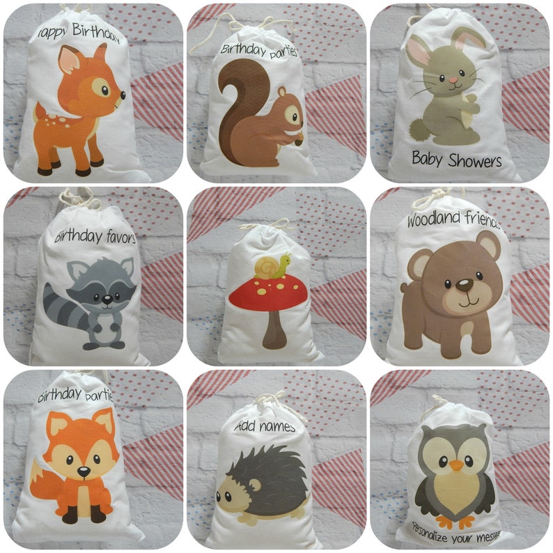 9 Forest Woodland Animals Favor bags Baby Shower and Birthday's for treats and gifts can be Personalized 6 X 8 Set of 9 bags per order image 4