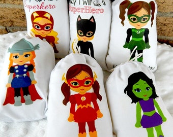 6 Girls SuperHero Birthday Party Favor bags Teen Girls Group 3 part 1 or gifts or treat Can be Personalized 6" X 8" Set of 6 bags