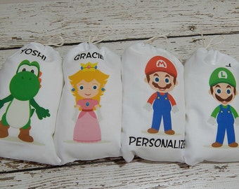 8 Super Mario and Friends Birthday Favor Bags Nintendo Characters For Treat or gift, can be Personalized 6" X 8" Set of 8 bags per order