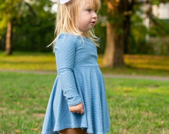 Girls Dusty Blue Swiss Dot Dress - Long Sleeve Knit Dress For Girls