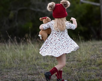 Girls Christmas Dress | Reindeer & Holly Print Dress