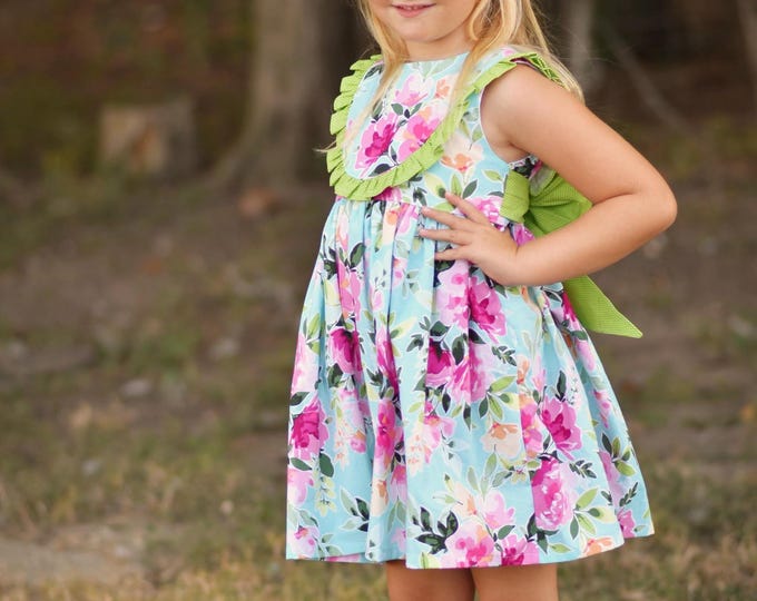 Featured listing image: Girls Floral Spring Dress - Easter, Mother's Day Ruffle Bow Dress