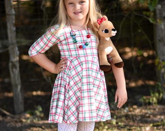 Red and Green Plaid Twirl Dress, Girls Holiday Outfit