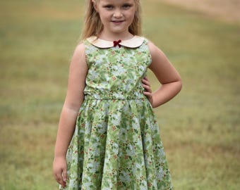 Girls Holly Christmas Dress - Green Mistletoe Cotton Holiday Dress