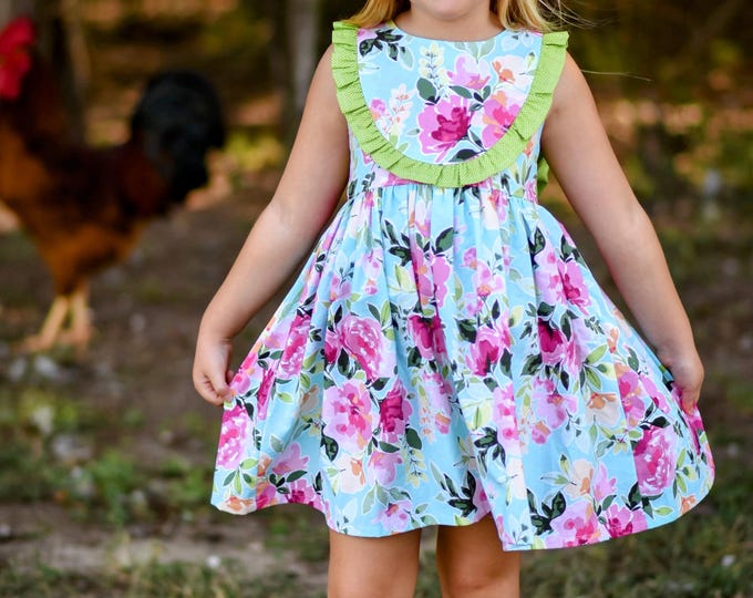 Featured listing image: Girls Floral Spring Dress - Easter, Mother's Day Ruffle Bow Dress