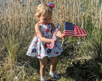 Patriotic Summer Romper For Girls - Red, White, Blue Floral Toddler Outfit