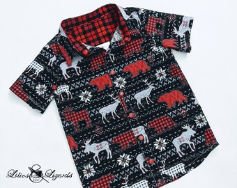 Boys Buffalo Plaid Shirt, Holiday Dress Shirt, Bear Shirt