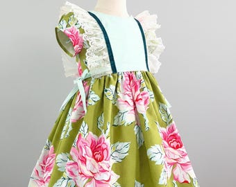 Girls Spring Dress - Cottagecore Lace Ruffles - Pink Rose Shabby Chic