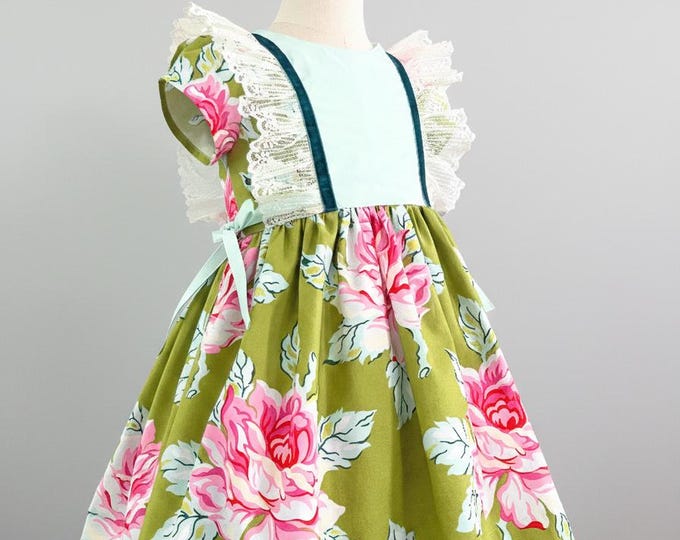 Featured listing image: Girls Spring Dress - Cottagecore Lace Ruffles - Pink Rose Shabby Chic