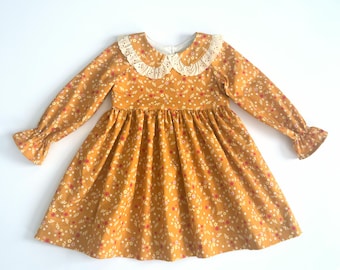 Girls Mustard Floral Cottagecore Dress with Peterpan Collar - Vintage Autumn Style