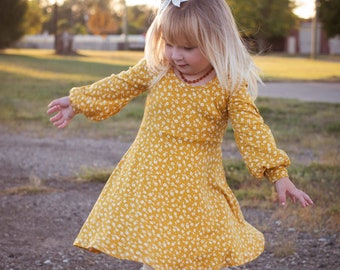 Yellow Floral Long-Sleeved Dress For Girls