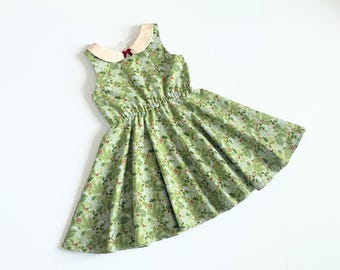 Girls Christmas Dress: Handmade Vintage Style Green Mistletoe Cotton Holiday Dress