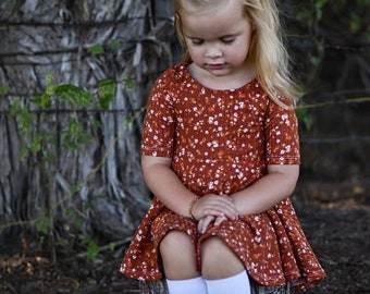 Rust Brown Floral Dress For Girls