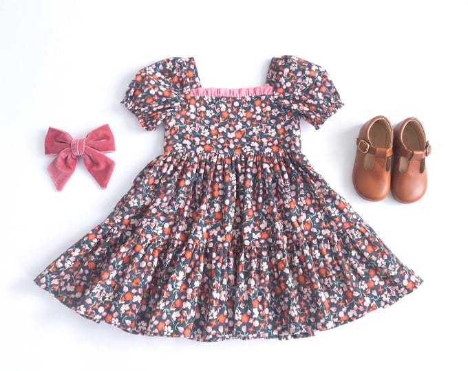 Featured listing image: Girls Fall Floral Puff Sleeve Fall Dress - Cottagecore Vintage Inspired Tiered Skirt