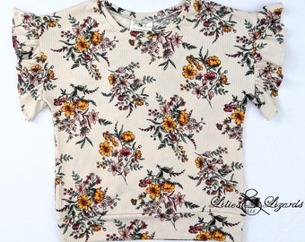 Girls Floral Knit Top - Ruffle Sleeve Dolman