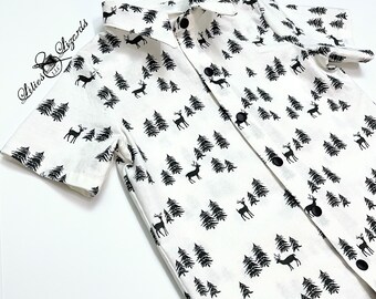 Boys Christmas Shirt - Festive Holiday Dress Shirt For Boys - Reindeer and Pine Tree Print