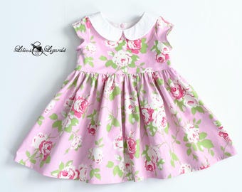Girls Spring Dress - Pink Rose Peter Pan Collar - Toddler Girl Easter
