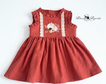 Girls Fall Linen Embroidered Dress - Thanksgiving Dress For Girls
