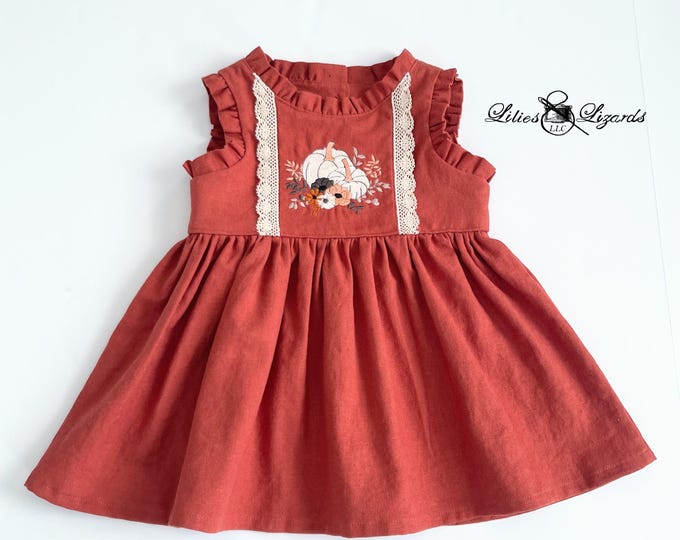 Featured listing image: Girls Fall Pumpkin Dress - Linen Embroidered Dress