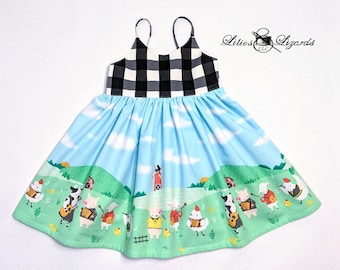 Girls Farm Animal Dress - Farm Birthday - County Fair - Chickens Cows Music