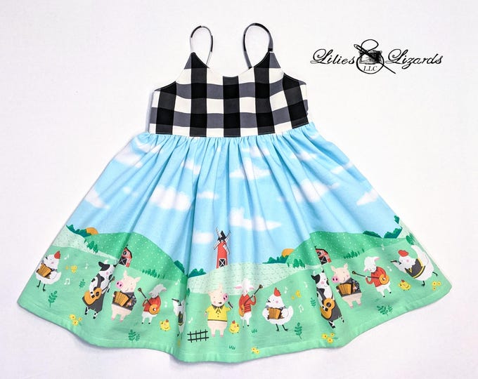 Featured listing image: Girls Farm Animal Dress - Farm Birthday - County Fair - Chickens Cows Music