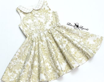 Girls Gold Holiday Dress - Vintage Style Peter Pan Collar Dress