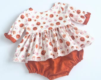 Girls Pink Pumpkin Romper - Halloween Fall Baby Toddler Dress