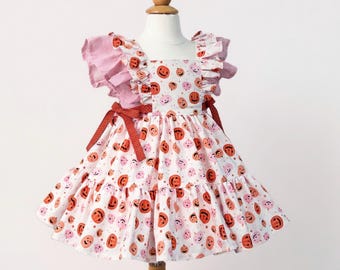 Girls Pink Pumpkin Fall Dress - Halloween Jack-O-Lantern Dress