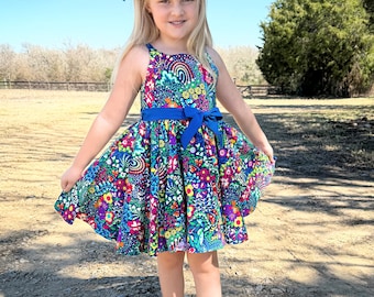 Girls Rainbow Twirl Dress - Sleeveless Handmade Cotton Party Dress
