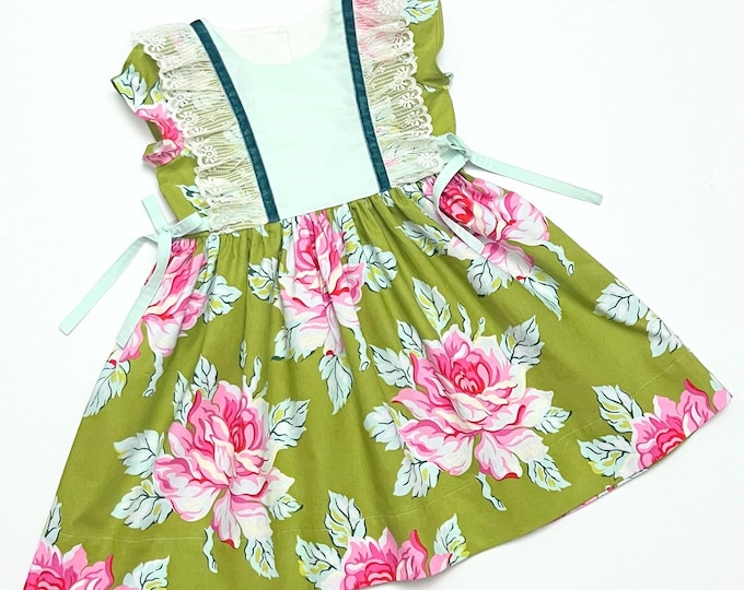 Featured listing image: Girls Green Floral Dress - Cottagecore Lace Ruffles - Pink Rose Shabby Chic