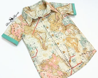 World Map Travel Short Sleeve Button-Down Shirt For Boys