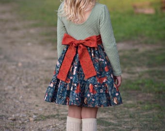 Girls Woodland Animal Fall Dress - Fox and Deer Green Twirl Dress