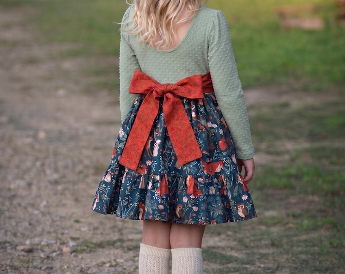 Featured listing image: Girls Woodland Animal Fall Dress - Fox and Deer Green Twirl Dress