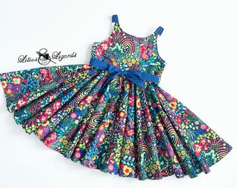 Girls Rainbow Twirl Dress - Bright Botanical Belted Dress - Colorful Boho