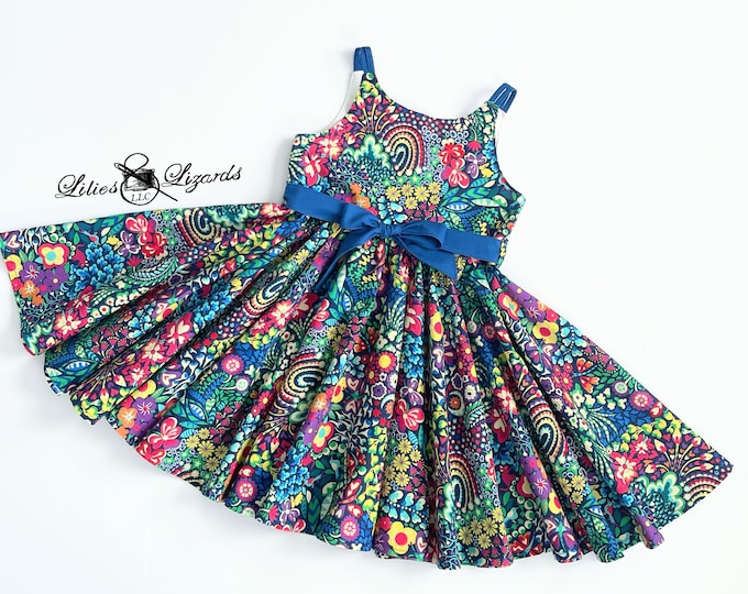 Featured listing image: Rainbow Twirl Dress - Girls Floral Dress With Belt - Bright Botanical