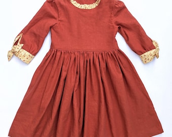 Girls Linen Cottagecore Dress - Rust Orange Vintage Floral Fall Dress