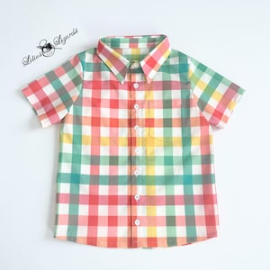 May include: A short-sleeved button-down shirt with a colorful plaid pattern in shades of pink, red, green, yellow, and white. The shirt has a chest pocket and a collar. The text "Lilies & Lizards" is in the upper left corner.