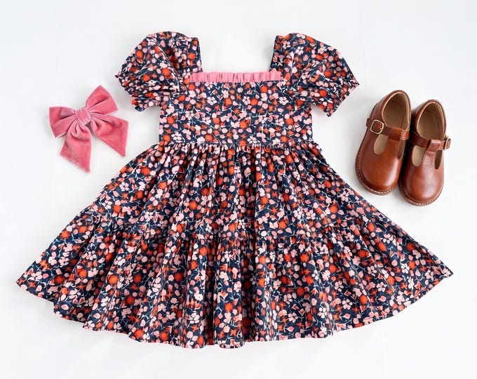 Featured listing image: Girls Fall Floral Puff Sleeve Fall Dress - Cottagecore Vintage Inspired Tiered Skirt