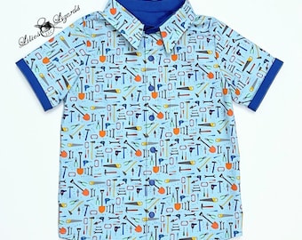 Boys Tool Print Button Down Shirt - Blue Handyman Dress Shirt - Woodworking - S.T.E.A.M