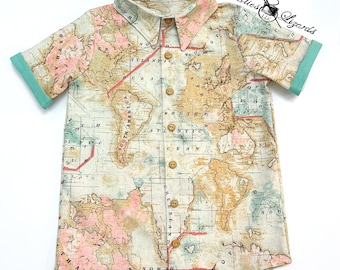 Vintage Map Print Boy’s Button-Down Shirt – Adventure Travel Shirt for Kids