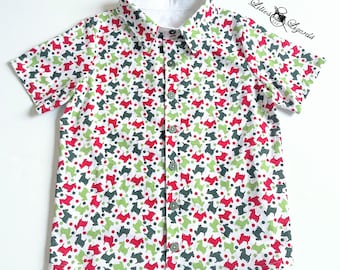 Christmas Dog Shirt, Scottie Dog Holiday Button-Down For Boys