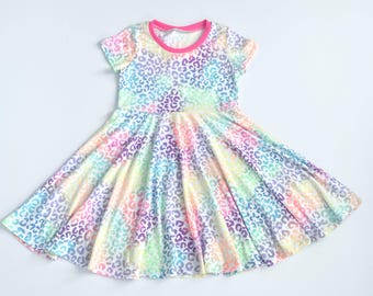 Girls Rainbow Leopard Twirl Dress | Neon Animal Print