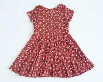 Girls Rust Fall Dress – Soft Rib Knit Floral Dress with Twirl Skirt - Short Sleeve Autumn Outfit