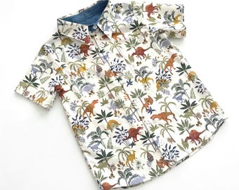 Boys Dinosaur Shirt - Short Sleeve Cotton Button-Down Dino Top