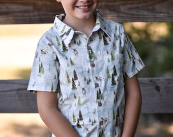Woodland Animal Shirt - Boys Winter Button Down - Holiday Dress Shirt