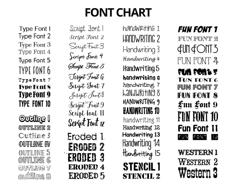 May include: A black and white font chart with the words 'FONT CHART' at the top. The chart lists different font styles, including Type Font, Script Font, Handwriting, Fun Font, Outline, Eroded, Western, and Stencil. Each font style is listed with a number from 1 to 15.