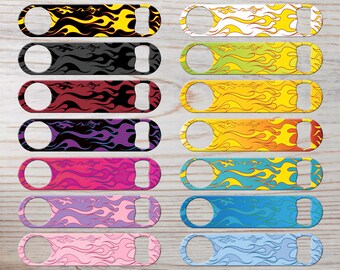 Bottle Opener, Speed Bar Blade, Solid Steel, Flames Pattern, Personalized Beer Gift, 7 x 1.25 Inches