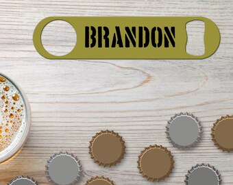 Bottle Opener, Personalized Bar Blade For Bartenders | Solid Steel, Full-Color Both Sides | Army Green and Assorted Colors, 7 X 1.25 In