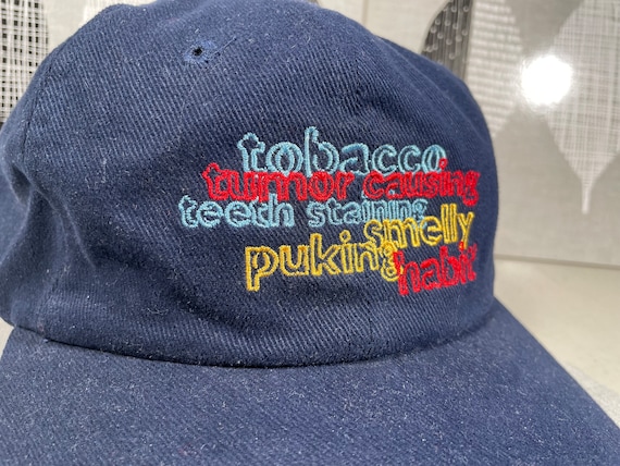 tobacco tumor causing teeth staining Vintage Anti Smoking Snapback Hat: 90s Blue Cap