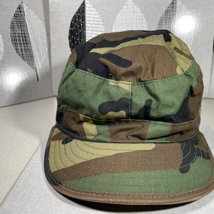 Vintage Army Hat Woodland Camo Class 1 Military Cap Combat Made in USA 7 1/2